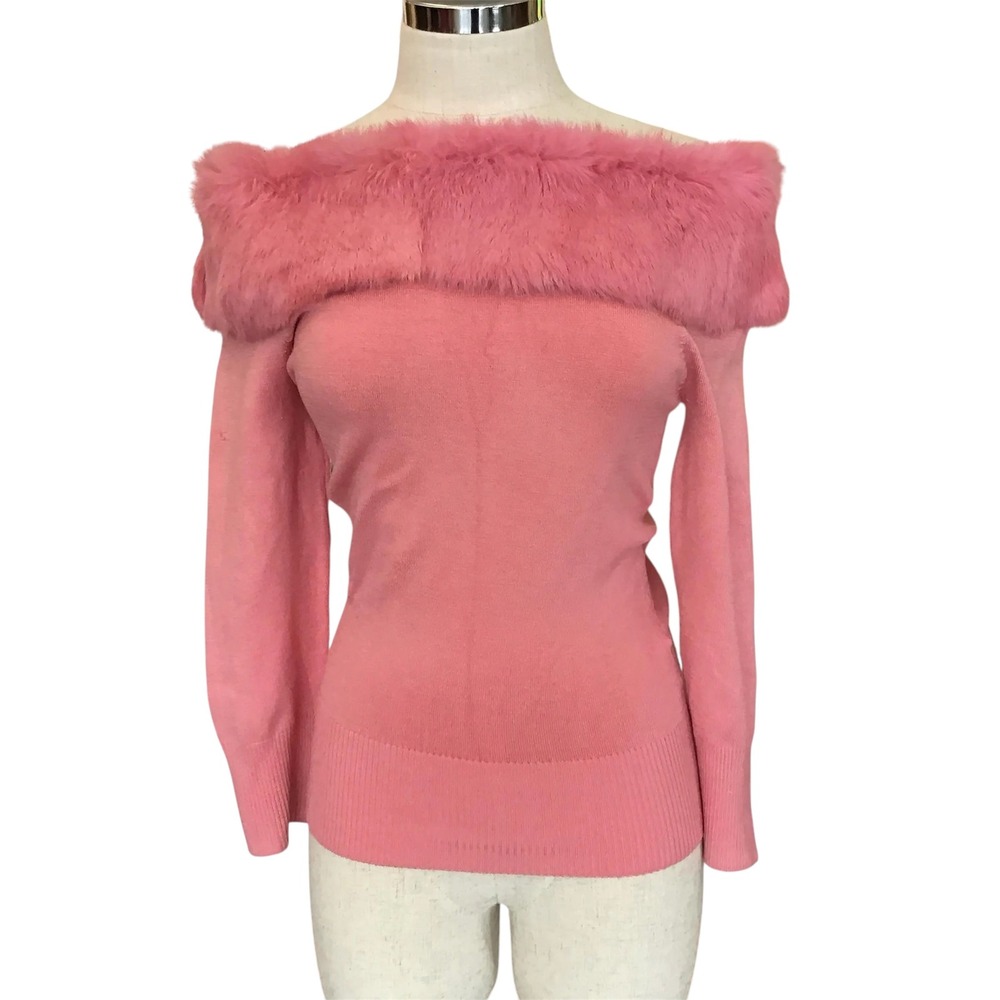 Vintage Bebe Pink Silk Blend Off The Shoulder Sweater Rabbit Fur Trim Size M